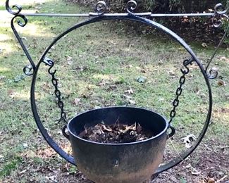 Cast iron cauldron and and hanger