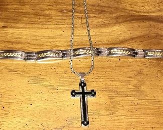 Men’s stainless steel bracelet and cross necklace
