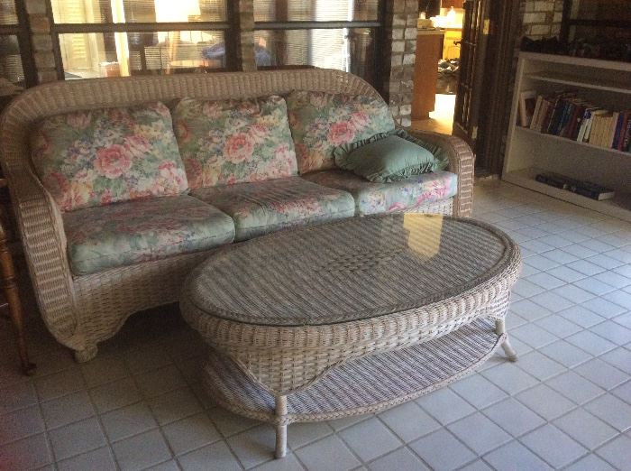 Wicker couch, coffee table, chair and ottoman