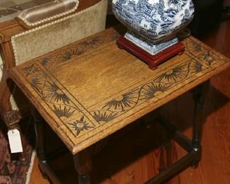 carved top, oak side table
