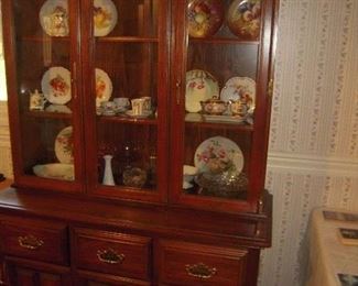 OAK CHINA  CABINET, HAND PAINTED PLATES, 