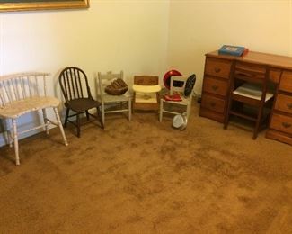 Assortment of vintage children's chairs, Vintage student desk