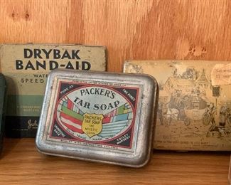 Vintage tins, Drybak Band-aid, Packers Tar Soap and more