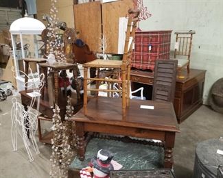bamboo chairs, plaid chest, coffee tables
