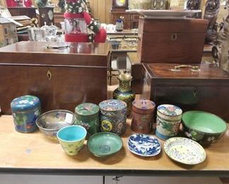 cloisonne, tea caddies, wood boxes