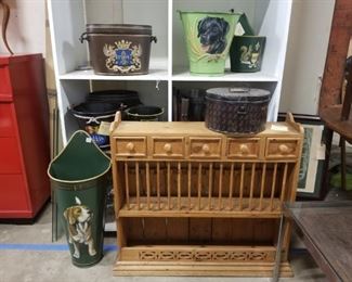 dish rack, painted dog tins, crest buckets