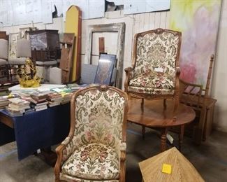 upholstered arm chairs, original artwork