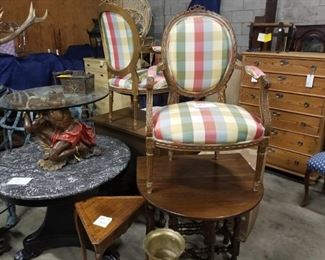 French arm chairs in silk, marble topped tables, drop leaf side tables, chests