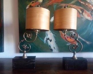 Price Cut - $50 ea / $100 Pair - Ornate lamps. Marble base, Wood veneer shades