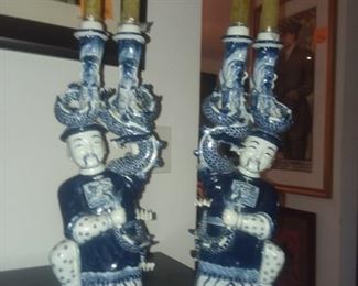 Price Cut -$75 ea / $150 Pair - Ornate large Oriental candlesticks. Each stick is 17 in high - 2 ft total with candles.