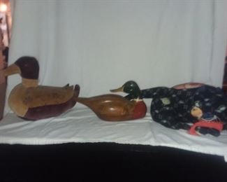 Price Cut - $20 ea. - Plush and wooden duck and antique textile plush cat.