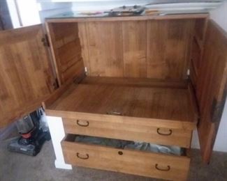 Price Cut - $125 - Rustic Dresser / Entertainment Center. Comes in two modular sections. Drawers on Bottom, Slide-out shelf behind doors on top. 37x17x49