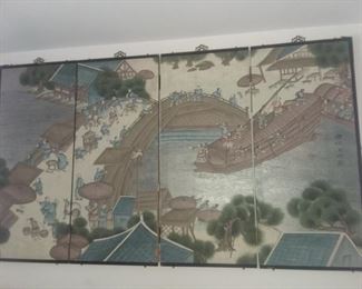 $50 - Oriental Wall Hanging / Screen. Brass corners and hinges between panels. 34x60