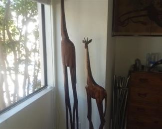 $100 / $150 or $225 for both - Wooden carved Giraffes. 56 & 80 inches tall