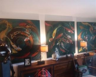 $150 ea. / $400 for all 3. Large 4ft x 4ft koi fish on canvas. These are not prints but original oils on canvas.