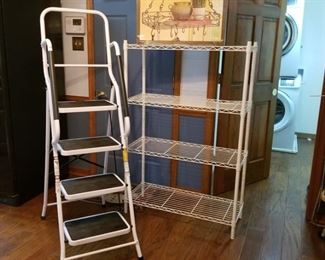 Step ladder, pot rack, and shelf https://ctbids.com/#!/description/share/237152