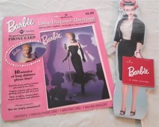 Barbie Sprint pre-paid long distance phone card, and 1996 standing paper doll calendar. New.