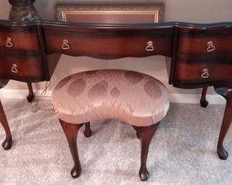 Gorgeous antique desk with glass top cover and stool.