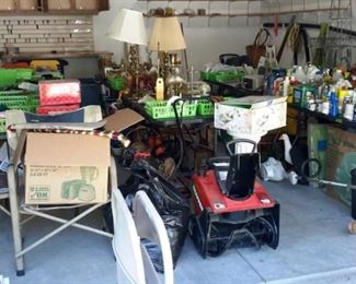 Garage FULL! Snow blower, air compressor, pressure washer, sanders, tools, cleaning supplies, yard art items, household items and more!