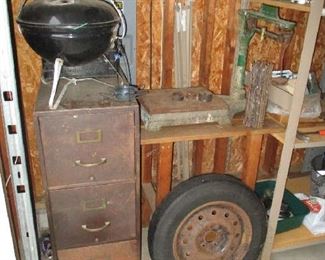 Metal cabinet, wheel and antique scale