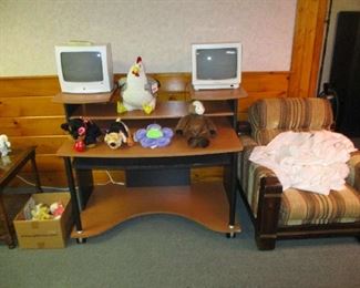 Computer desk and stuffed animals