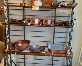 BAKERS RACK WITH MARBLE AND WOOD SHELVES, $295, FRENCH COPPER POTS PRICED INDIVIDUALLY DEPENDING ON SIZE.