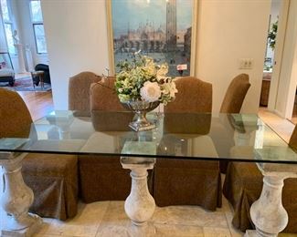 GORGEOUS  DINING TABLE, WITH 6 LIMESTONE PILLARS AND BLASS TOP, $750, CHAIRS $75 EACH (8 CHAIRS).  ALL IN PERFECT CONDITION. PACKAGE PRICE FOR SET $1300