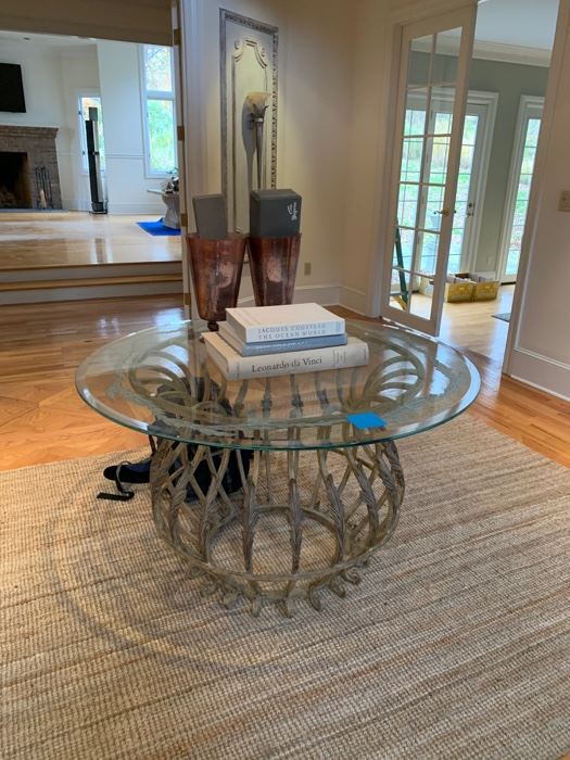 ENTRANCE HALL TABLE ETCHED ROUND GLASS AND METAL BOTTOM