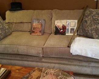 LIKE NEW! LaZboy medium sized couch - oatmeal colored upholstery, brass tack edge.  Very nice!
