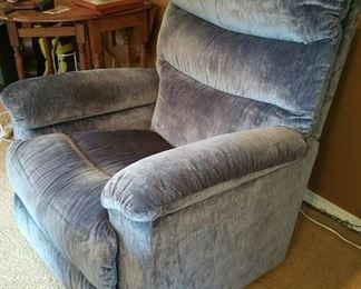 almost new LaZboy rocker recliner - excellent condition - blue velour, very little wear, very clean, works great.  Lays almost flat for sleeping