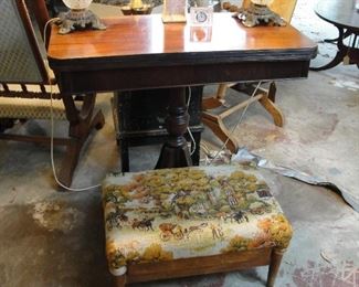 Mahogany Game Table 32" square when open, closed is 16" deep. $99.99   Country Scene Upholstered footstool $24.99