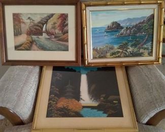 Three Oriental Pictures and Bamboo Looking Frames