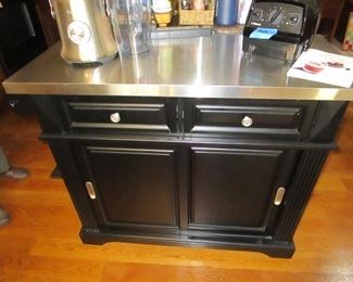 BLACK KITCHEN ISLAND WITH STAINLESS COUNTER TOP