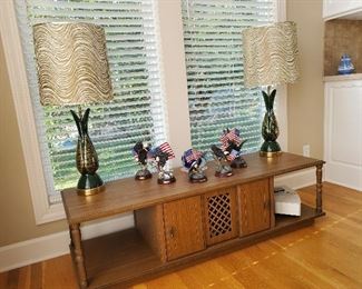 Vintage Lamp pair with great shades! Eagle and American Flag Figurines. Vintage Cocktail table (with end tale not in this picture)
