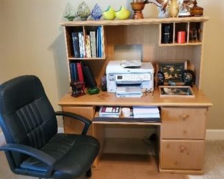 Office desk and chair, printer, office supplies, Art glass, Vintage Wood Carved Flowers and Vase