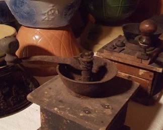 Coffee grinders and  salt glaze bowls