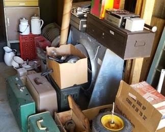 Vintage luggage, enamelware, tool chests, more
