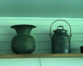 Collectibles, including spittoon and crocks