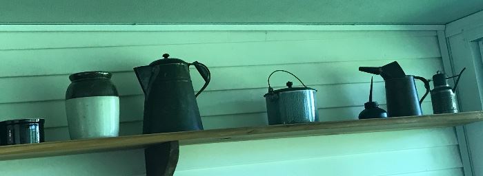 Crocks, coffee pot, oil cans