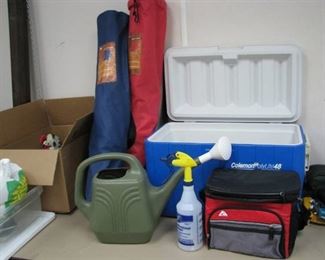 Outdoor Lot - Coleman Ice Chest, Two Bag Chairs, Watering Can