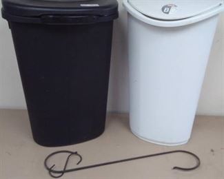 Two Plastic Lidded Trash Cans and S-Hooks