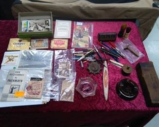 Ephemera and Vintage Collectibles - Metal Oil Spout, Glass Advertising Ashtrays, Ink Pens Lot, Sharpening Stone, Pictures.