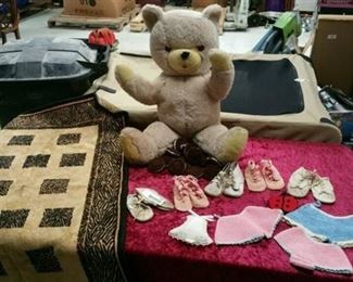 Vintage Bear and Doll / Baby shoes/Clothes Lot