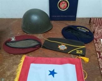 Marines Book, Flag, Service Hats and Helmet Liner
