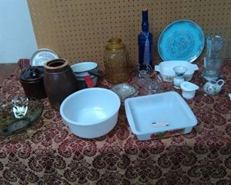 1957 Calendar Plate, Porcelain Pans, Crocks, Glassware