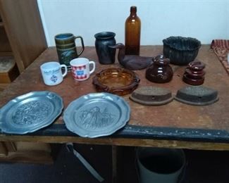 Saad Irons, Pewter Plates, Coin Glass Ashtray