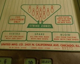 1950's United Mfg. Shuffle Bowling Game in working order $650. This item is available for pre-sale.  Serious inquiries may contact us at 331-717-6797