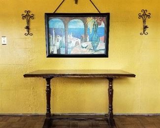 Antique console table (refinished), framed painting  " X ", pair of Southern Living brown iron wall candle holders