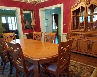 Dining table with 2 leaves, 45"W  X 92"L.  2 arm chairs, 4 side chairs chairs, 2-piece lighted china cabinet, 60" W X 19"D X 88" H. Can use bottom piece as buffet only. Mohawk Home 8'X11'  100% olefin rug, Garland Lattice pattern