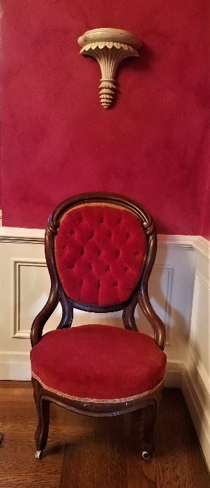 Antique chair, tufted buttons on red velvet, casters. Pair of wall display shelves 11" X 11"